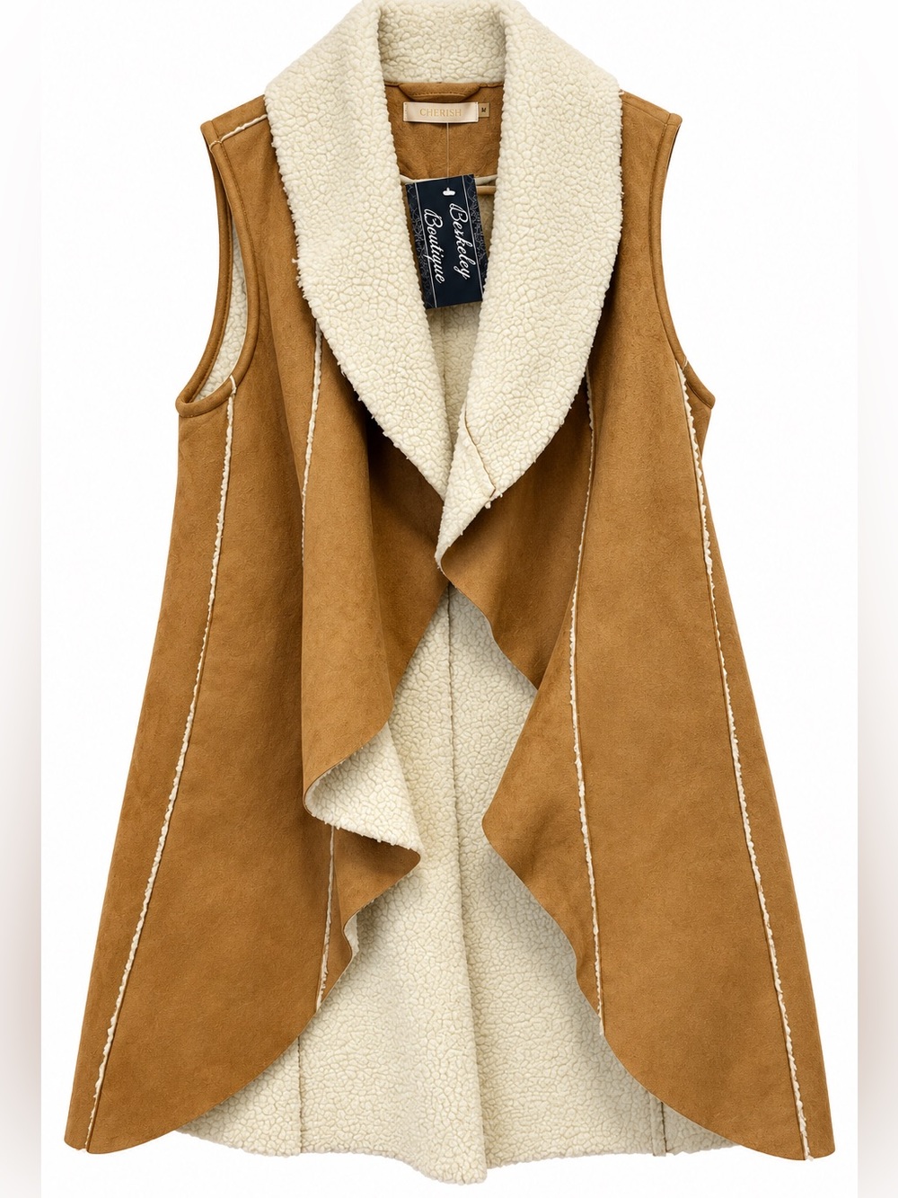 NWT Cherish M Faux Suede Sherpa Longline Waterfall Vest Tan